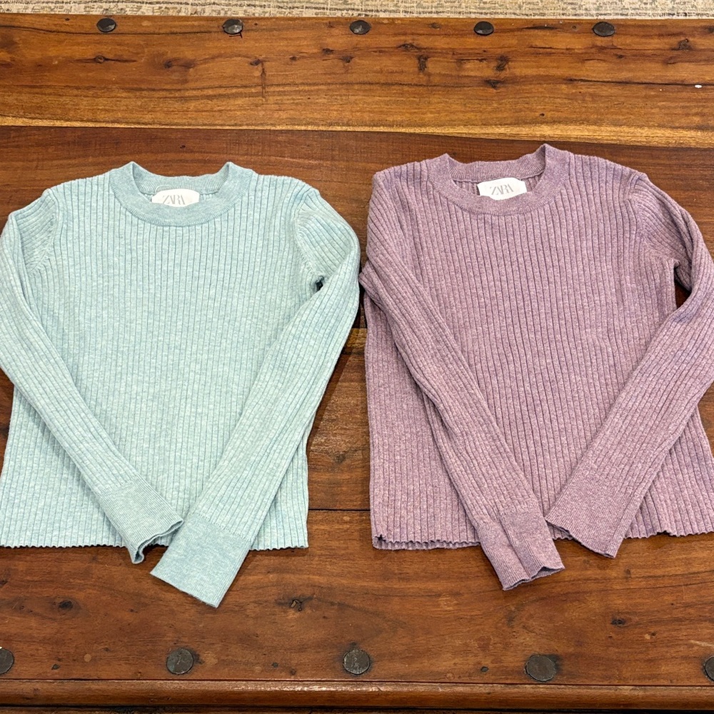 Zara Girls Ribbed Sweaters in Mint Green and Dusty Pink